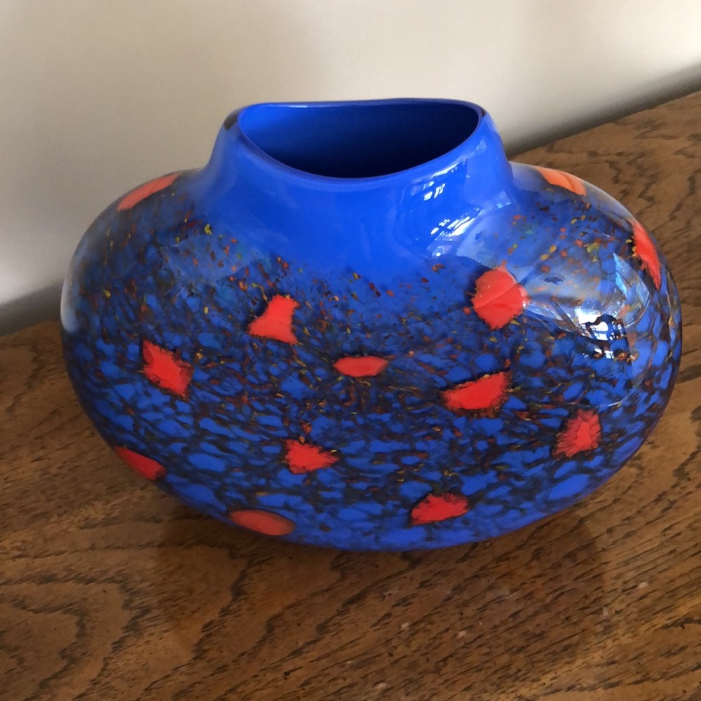 Maureen Williams Signed Australian Studio Art Glass Blue Orange Moon Vase 8" - Picture 3 of 9
